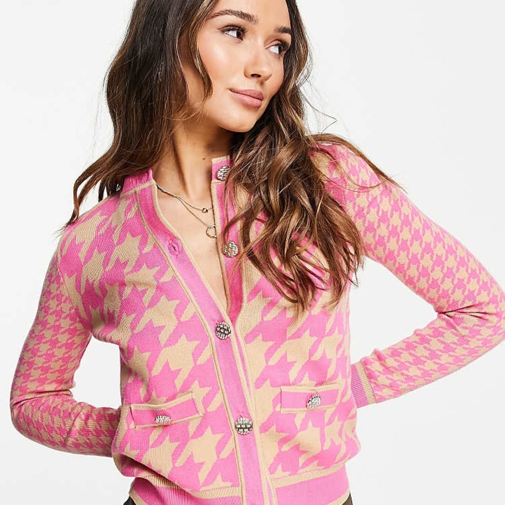 River Island pink houndstooth slim fit cardigan